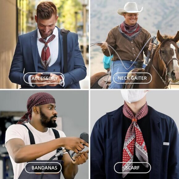 ⚡Men A-Gray Red Necktie 27.5 Inches Cowboy Scarves Pocket Square Silk Bandanas - Picture 8 of 8